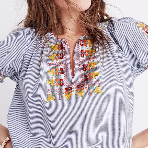 Madewell Tops - Madewell Penny Peasant Striped Embroidered Top
